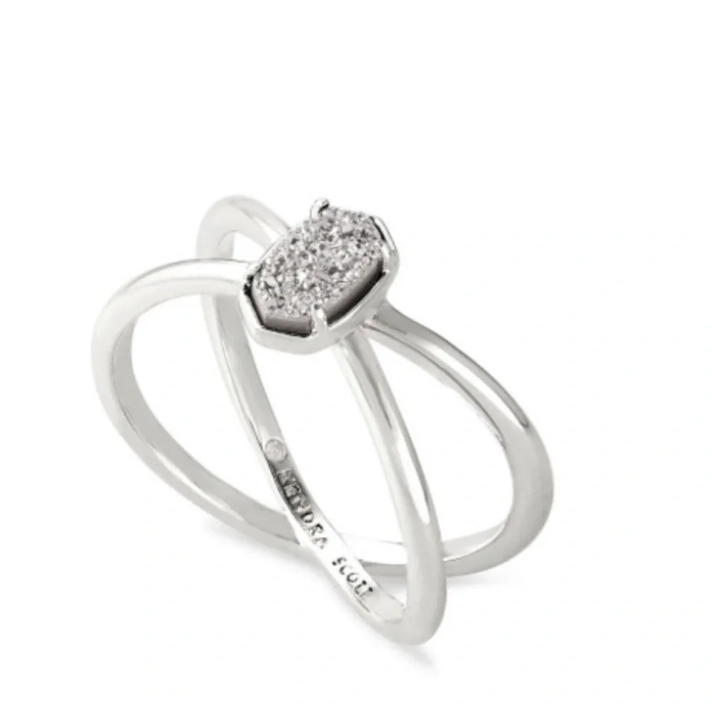 Kendra Scott Emilie Double Band Rhodium Platinum Drusy.  Size 7
